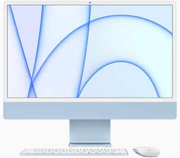 Vista frontal de la iMac azul